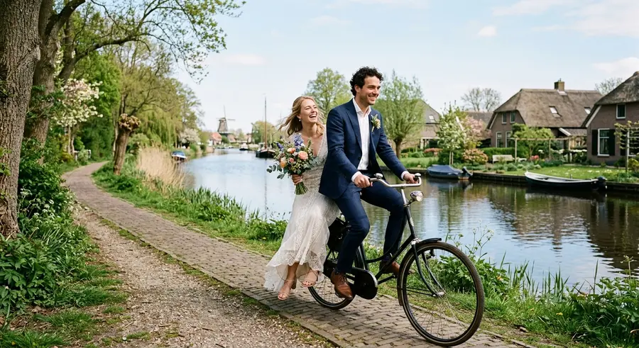 Bruidspaar op één fiets langs een rustige vaart