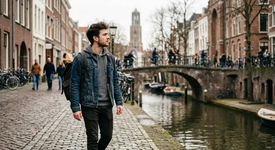 Jonge man in spijkerjack op straat in Utrecht