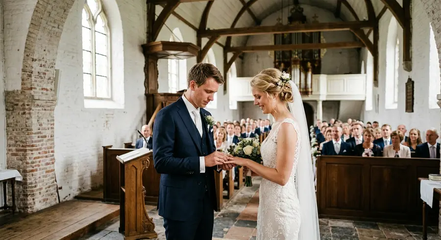Bruid en bruidegom wisselen ringen in een witte kapel