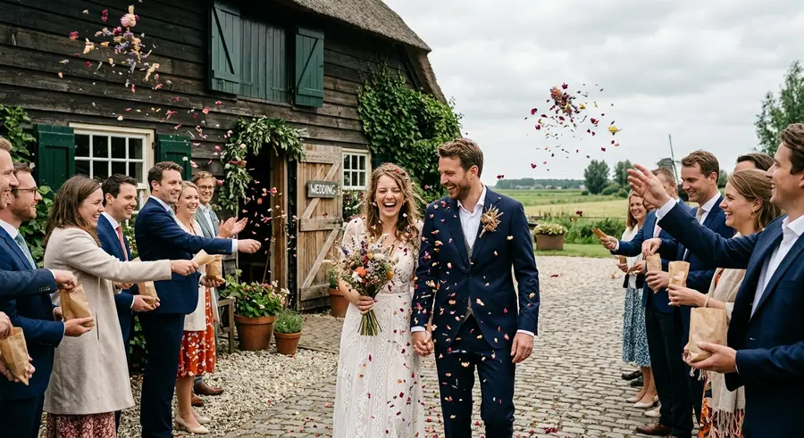Gasten gooien confetti over een lachend bruidspaar bij een boerderij
