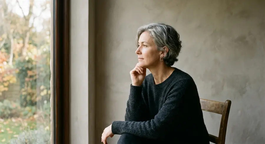 Portret van een vrouw bij het raam in de studio