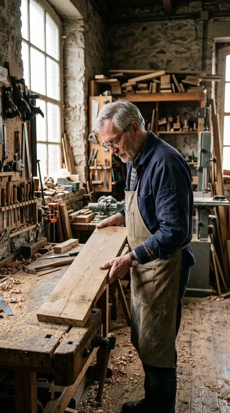 Een meubelmaker met een plank in zijn houtwerkplaats