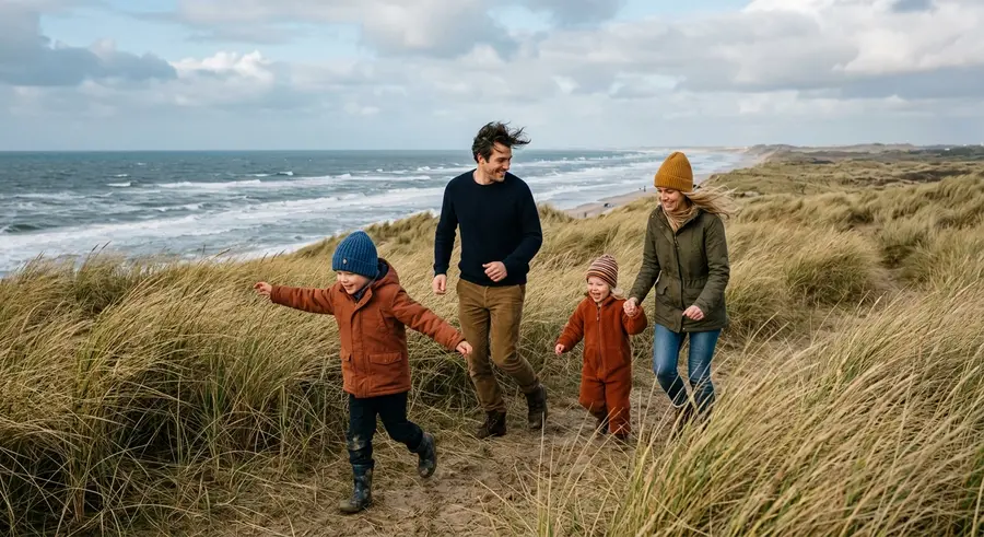 Ouders en twee kinderen rennen door het helmgras in de duinen