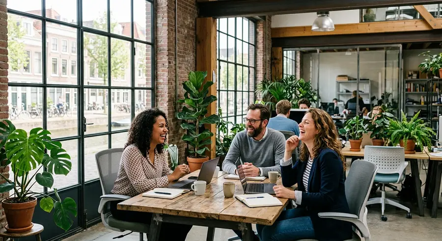 Drie collega's lachen samen aan een tafel in een licht kantoor