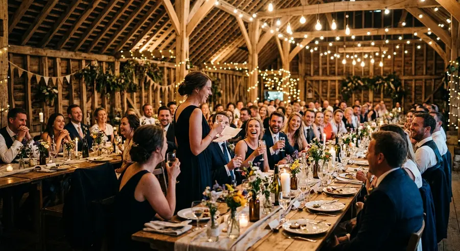 Gasten lachen tijdens een speech aan de lange tafel