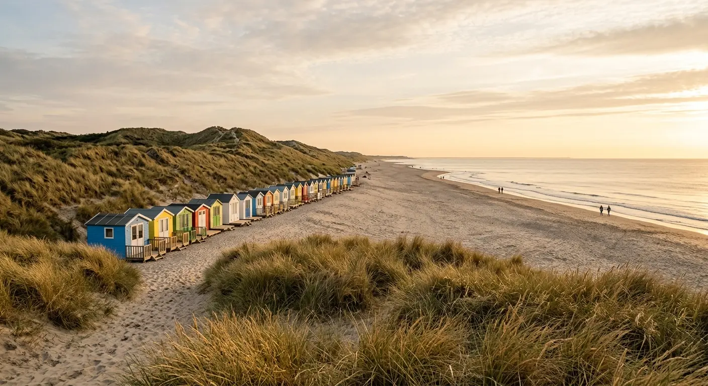Duinen en strand van Domburg met een rij strandhuisjes in avondlicht