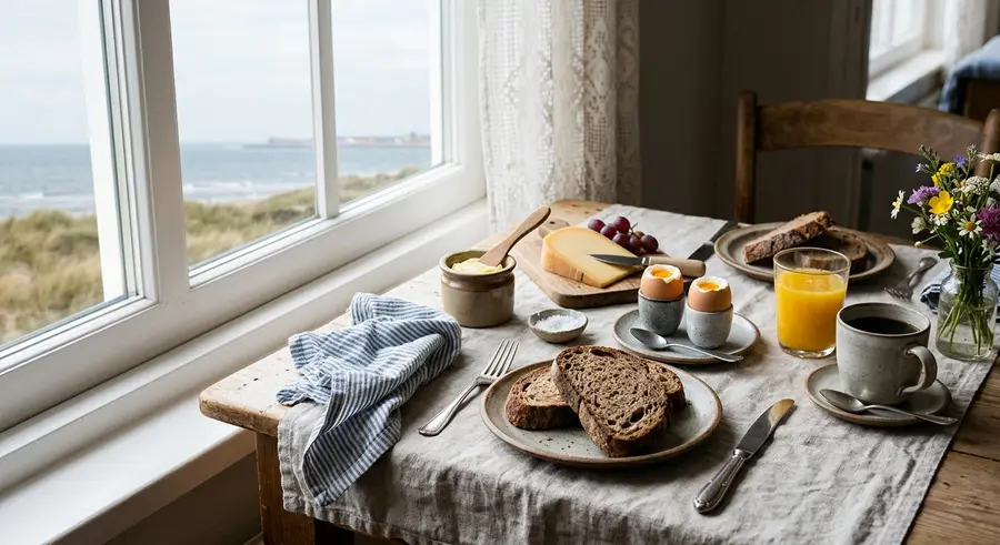 Ontbijttafel bij het raam met zuurdesembrood, eieren, kaas en jus d'orange