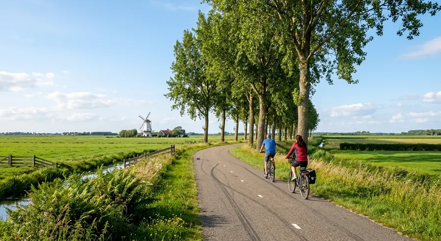 Fietspad tussen populieren door de Walcherse polder met een molen in de verte