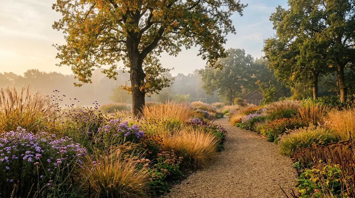 Natuurlijke borders met siergrassen en vaste planten onder oude eiken bij Ede