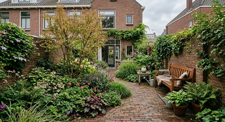Stadstuin met gebakken klinkers en gelaagde borders in Wageningen