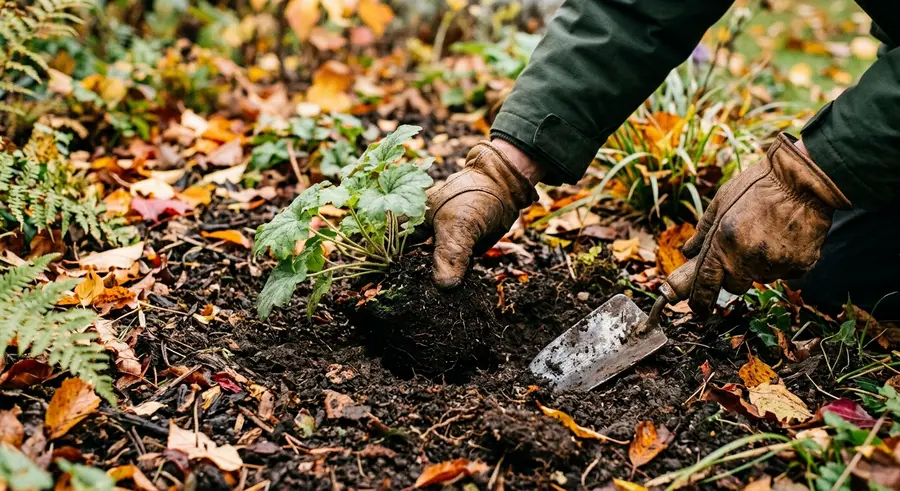 Hovenier plant een vaste plant in de herfst