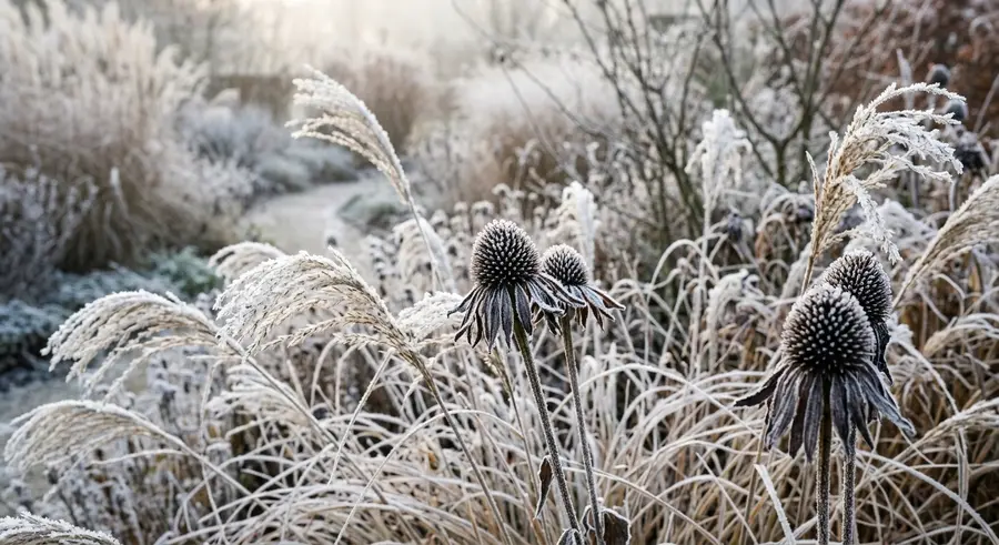 Zaadhoofden van zonnehoed en siergras met rijp