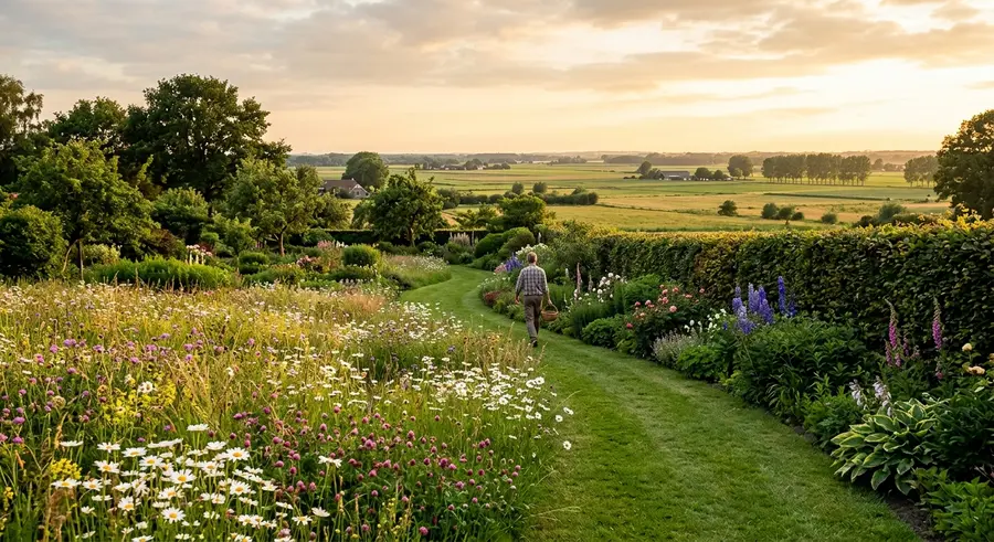 Landelijke tuin met bloemenweide en haagbeuk bij Wageningen