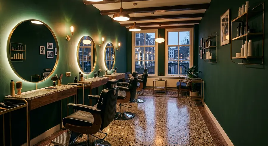 De salon met groene wanden, ronde spiegels en terrazzovloer