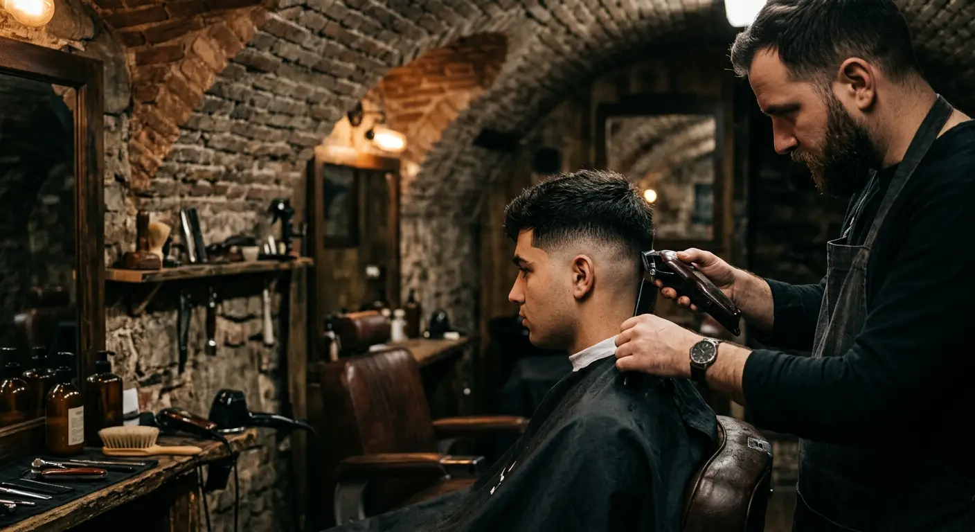 Barbier zet een skin fade bij een klant in de kelder van de salon
