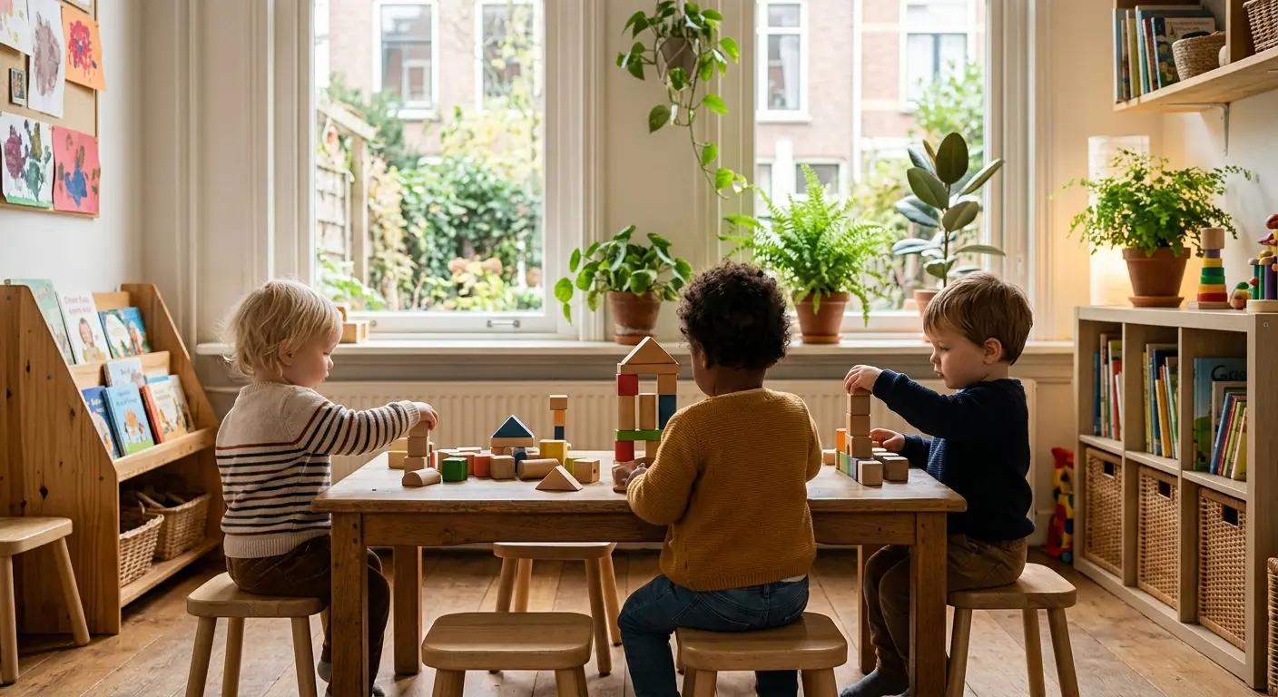 Drie peuters bouwen met houten blokken aan een lage tafel
