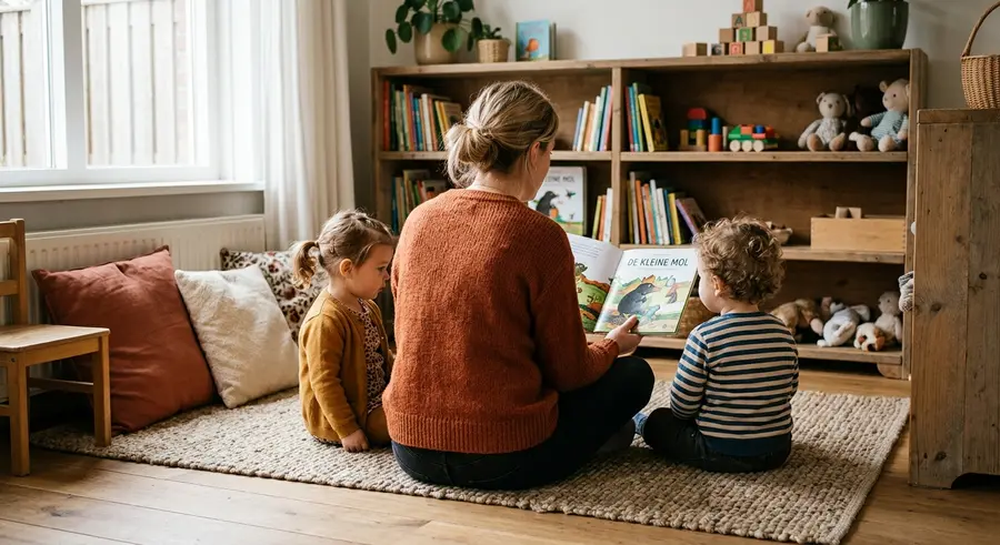 Pedagogisch medewerker leest voor aan twee peuters in de leeshoek