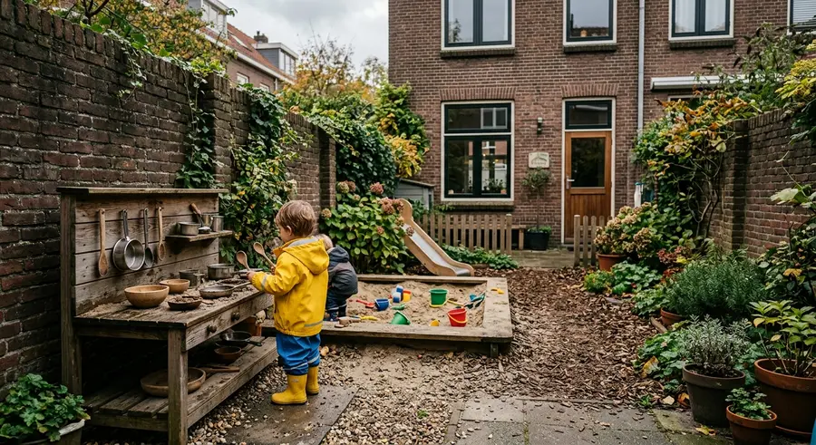 Peuter in gele regenjas speelt in de tuin bij de modderkeuken