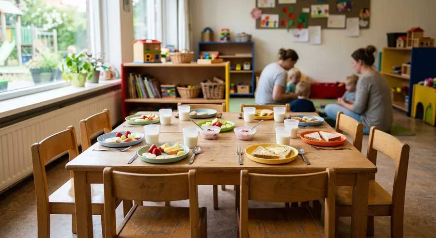Lage lunchtafel gedekt met fruit, brood en bekers melk
