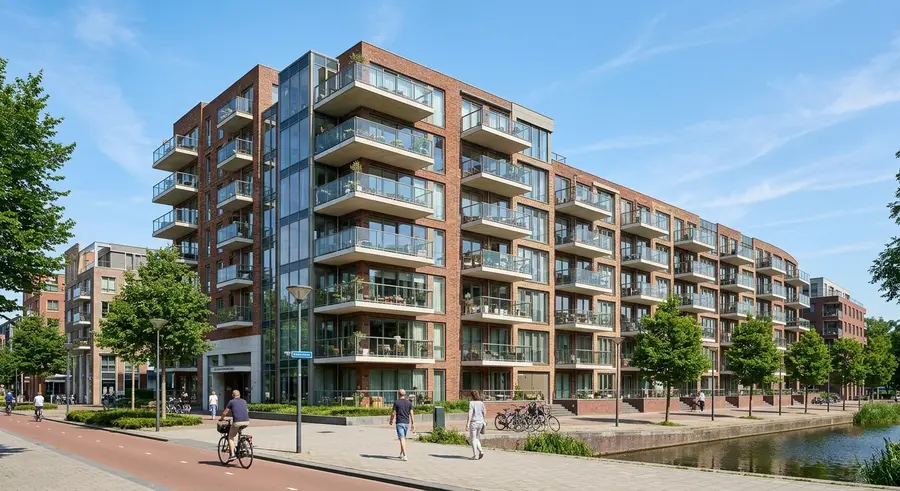 Appartementencomplex met balkons aan het water in het Stadshart