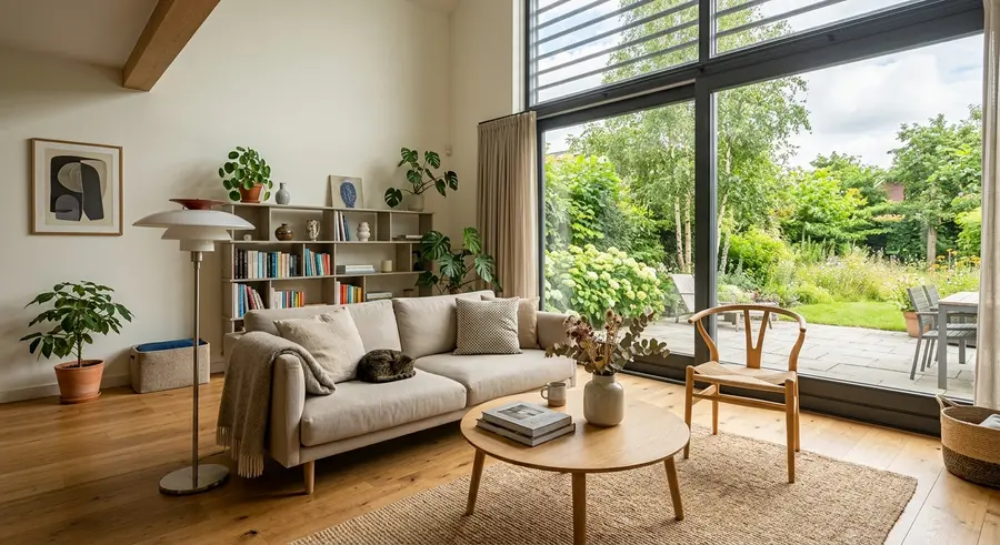 Lichte woonkamer met eikenhouten vloer en tuindeuren