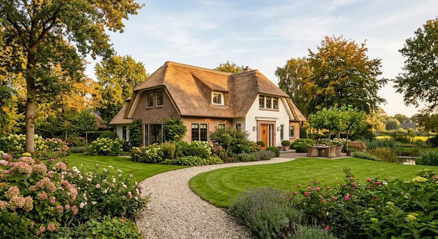 Vrijstaande villa met rieten kap en grote tuin in Bovenkerk