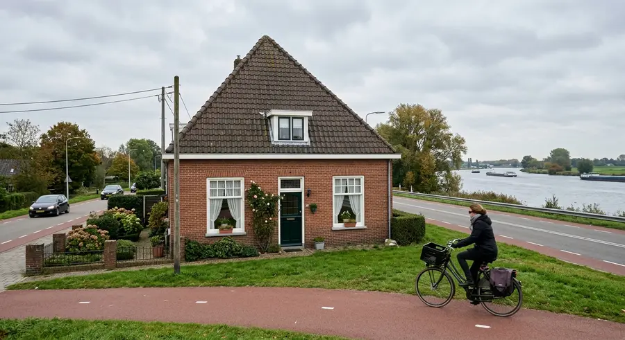 Dijkwoning uit 1952 aan de Amsteldijk met zicht op de rivier