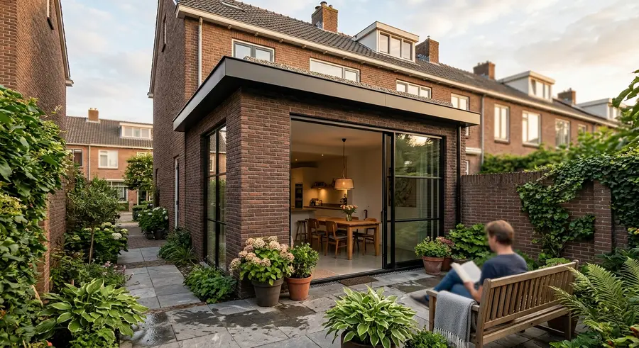 Aanbouw met stalen schuifpui in Den Haag