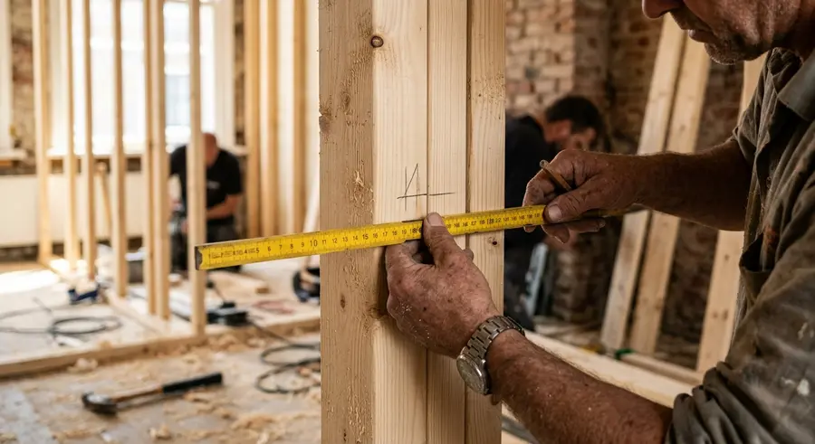Timmerman meet houten regelwerk op met duimstok