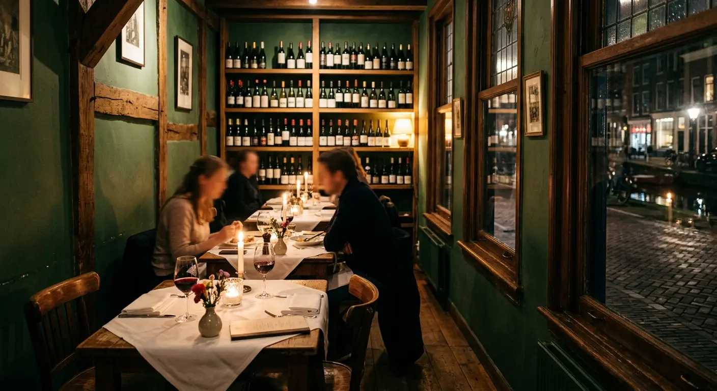 Eetzaal van Bakenes met groene wanden, kaarslicht en de wijnwand achterin