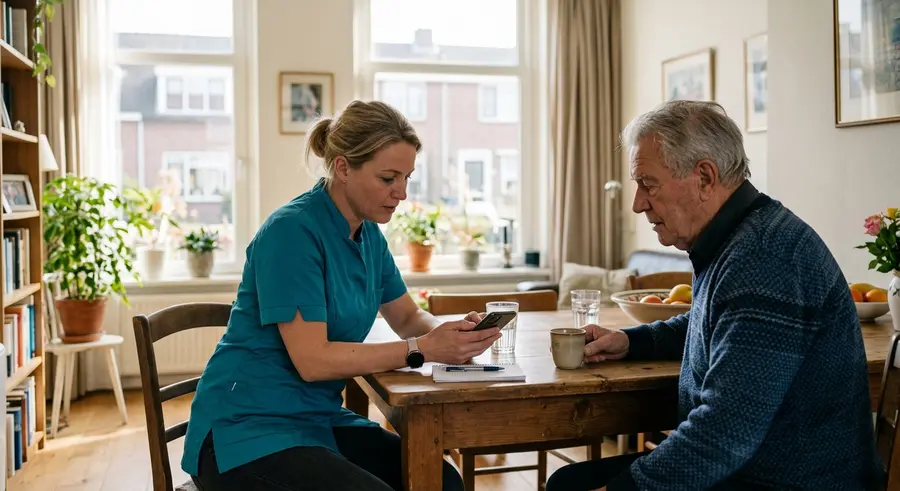 Wijkverpleegkundige bekijkt de route van de dag bij een cliënt thuis