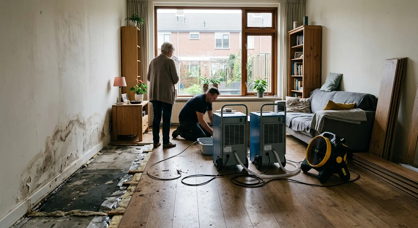 Droogmachines in een woonkamer met verwijderde laminaatvloer na een lekkage