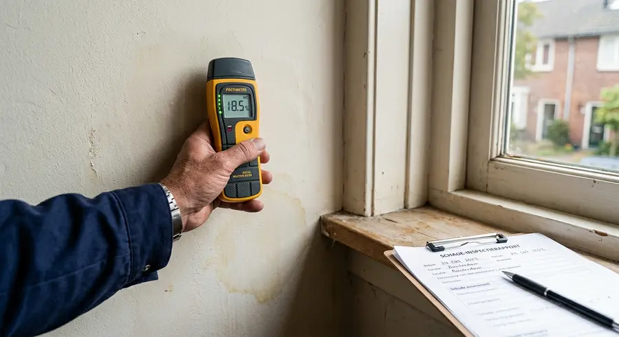 Vochtmeting op een gestucte muur naast een raam