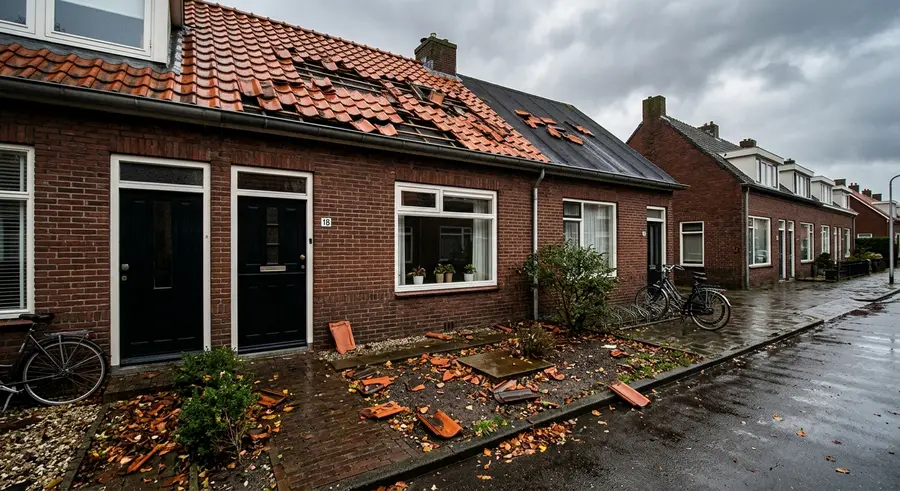 Rij Nederlandse woningen met losgewaaide dakpannen na een storm