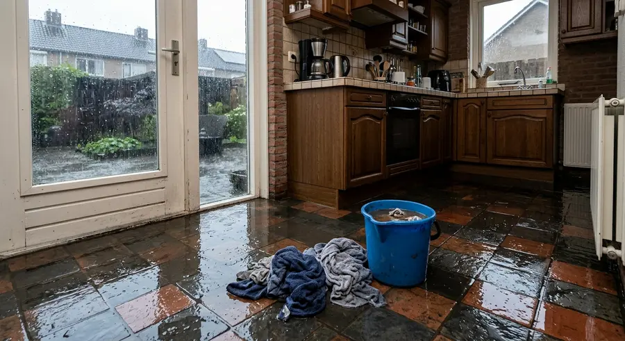 Keukenvloer onder water na hevige regen