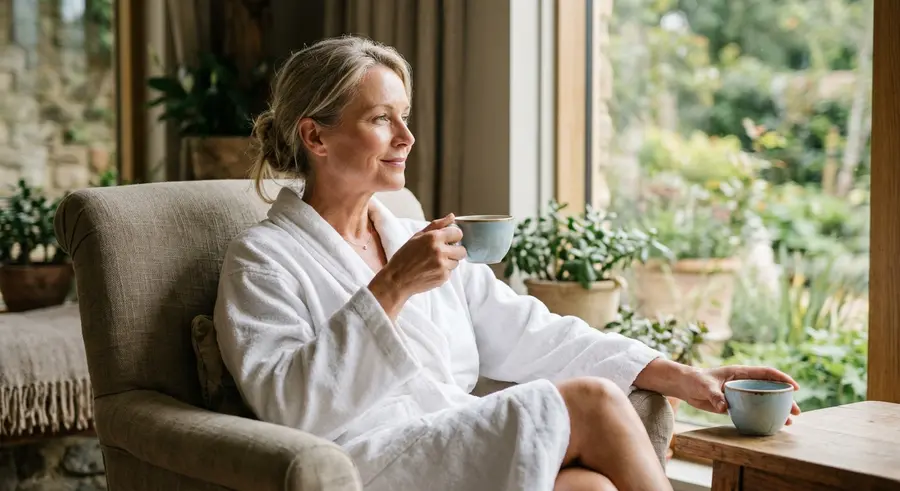 Een vrouw in een witte badjas drinkt thee na haar behandeling