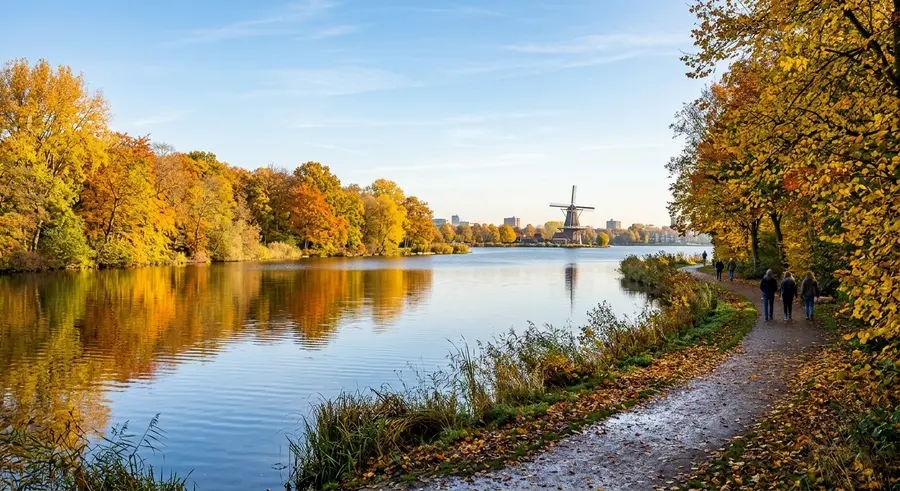 De Kralingse Plas in de herfst met een molen in de verte