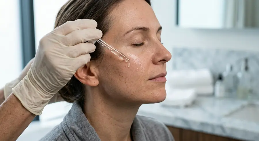 Serum wordt met een pipet op de wang van een klant aangebracht