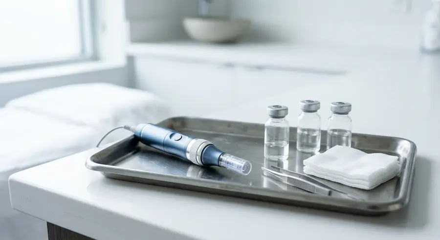 Microneedlingpen en flesjes op een behandelblad