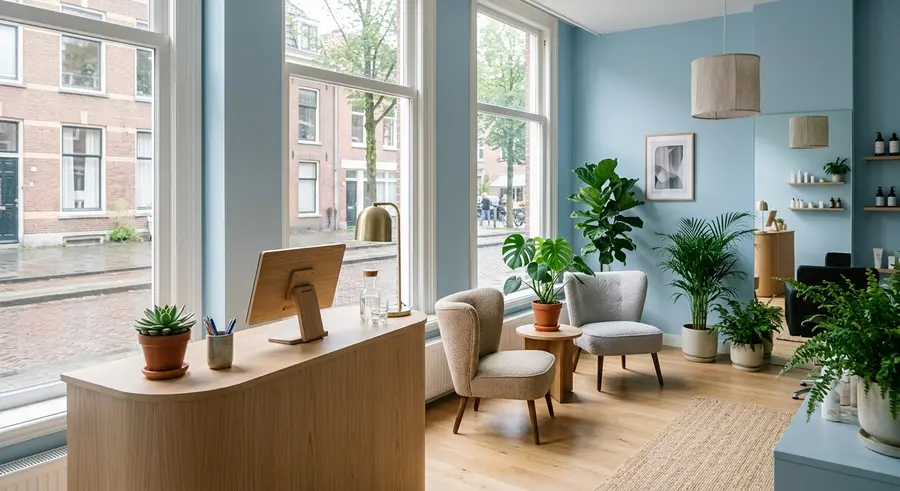 De ontvangstruimte met lichtblauwe muur, houten balie en planten