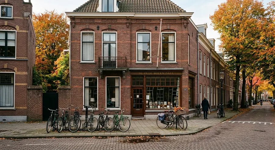 Het bakstenen hoekpand aan de Oudedijk met fietsen voor de deur