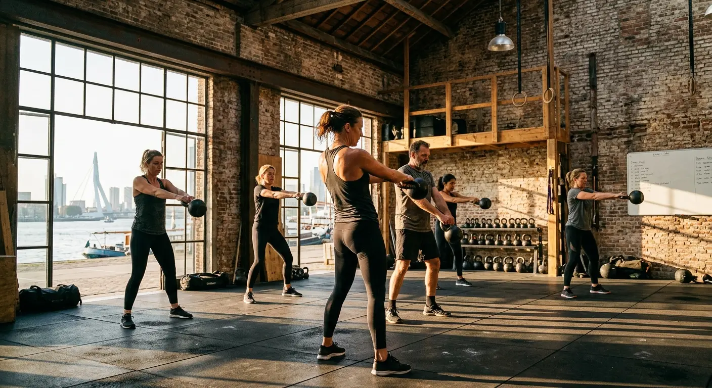 Groepsles met kettlebells in de loods, met de Maas achter de hoge ramen