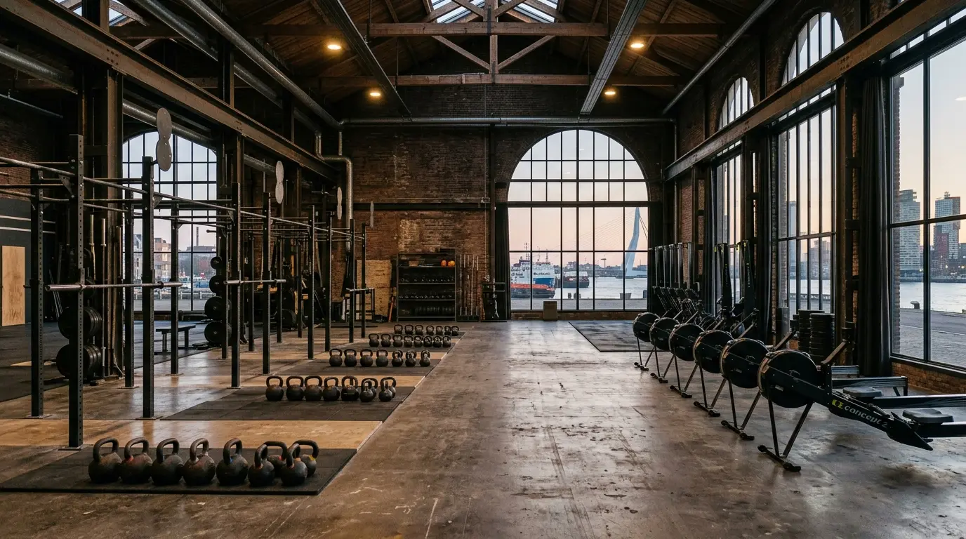 De lege loods in de avond, met rekken, kettlebells en roeitrainers