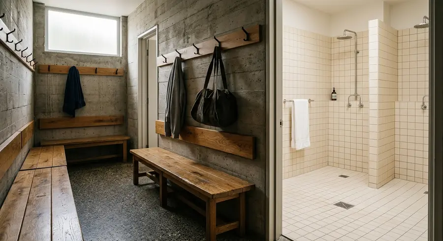 Kleedkamer met eikenhouten banken en douches