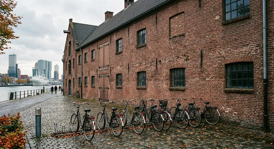 De bakstenen loods aan de kade, met fietsen ervoor