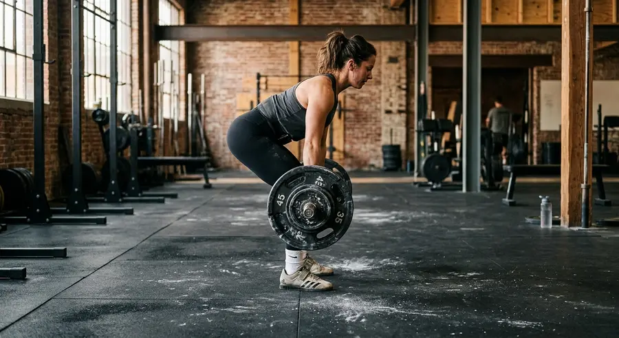 Een lid doet een deadlift met een halter in de loods