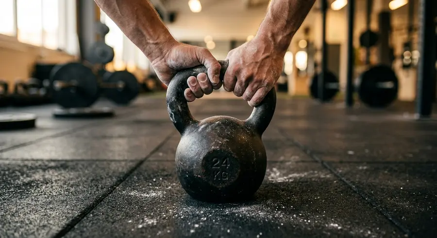 Handen met magnesium om het handvat van een kettlebell