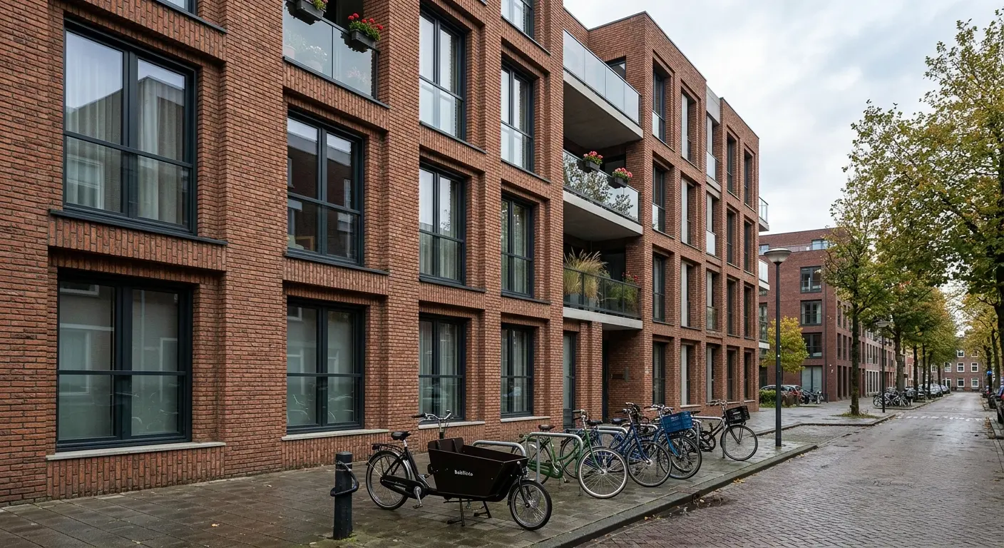 Bakstenen woningblok in Rotterdam-Hillesluis met diepe vensters en donkere stalen kozijnen