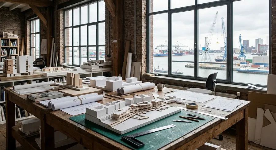 Werktafel met maquettes van karton en hout in een studio aan de haven