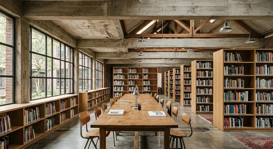 Bibliotheek in een voormalig schoolgebouw met betonnen balken en eikenhouten kasten